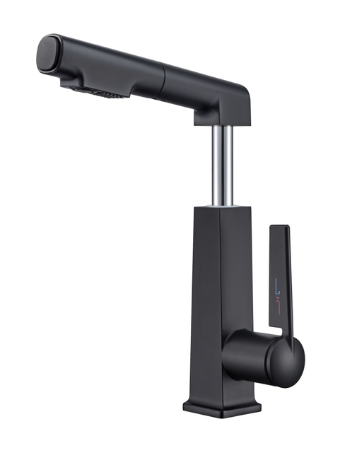 Grifo de lavabo de ba&ntilde;o extra&iacute;ble de estilo moderno negro mate de un solo orificio de lujo de alta calidad